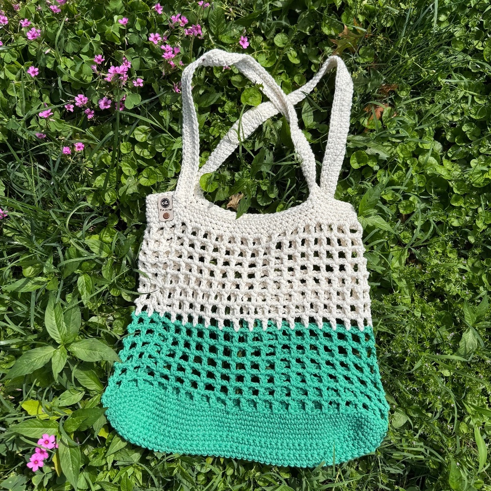 Handmade Crochet Green and White Market Bag